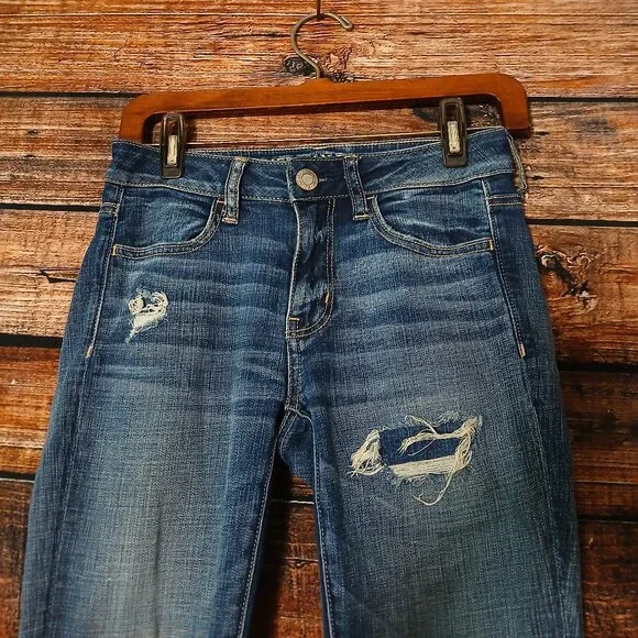 American Eagle Jeans Size 2 Short Ripped Patched Jegging Stretch Distressed - Picture 4 of 10